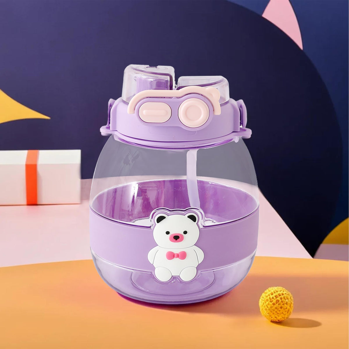 Homestic Kids Water Bottle With Straw |Cute Teddy Bear Sipper Water Bottle For Kids Boys Girls| Water Bottle with Locking Flip Lid | 1000 ML | Purple | SYZ-7730A