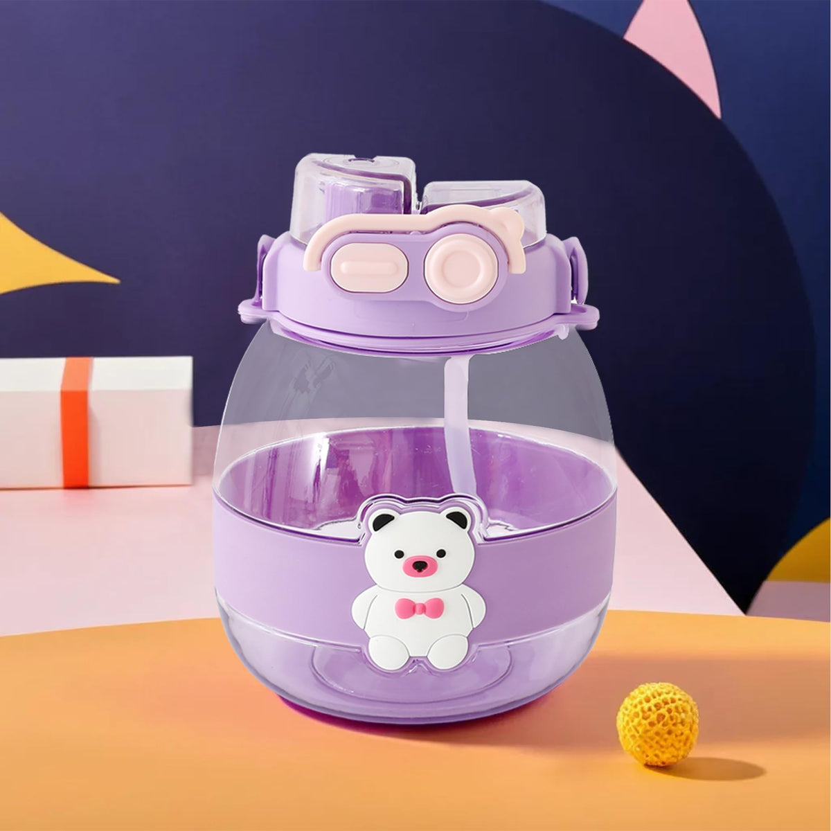 Kuber Industries Pack of 2 Kids Water Bottle With Straw |Cute Teddy Bear Sipper Water Bottle For Kids Boys Girls| Water Bottle with Locking Flip Lid | 1000 ML | Purple | SYZ-7730A