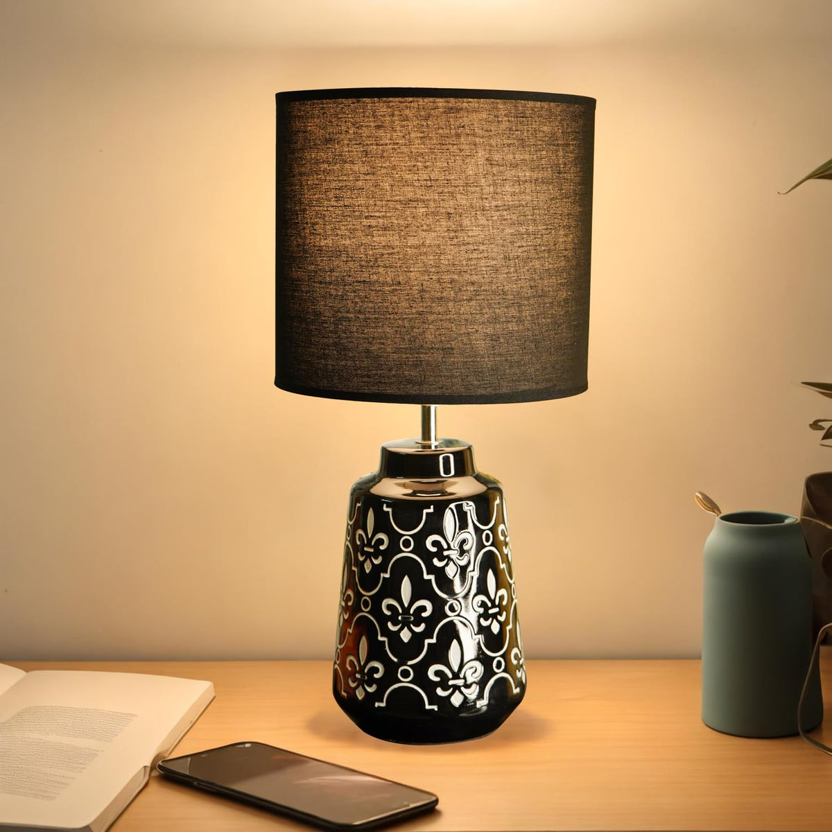 Ekhasa Ceramic Side Table Lamp for Bedroom | Bedside Night Lamps | Decorative Aesthetic Table Lamp for Living Room & Home Decoration | Cute Small Beautiful Bed Side Reading Light Lamp for Room