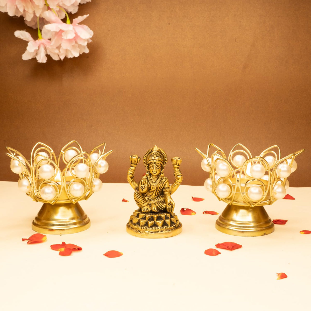 Ekhasa 100% Pure Brass Lakshmi Devi Idol & Tealight Candle Holder | Goddess Laxmi Idol for Pooja Room, Home Decor, Car Dashboard, Office Desk | Varalakshmi Puja Idol for Diwali (Combo)