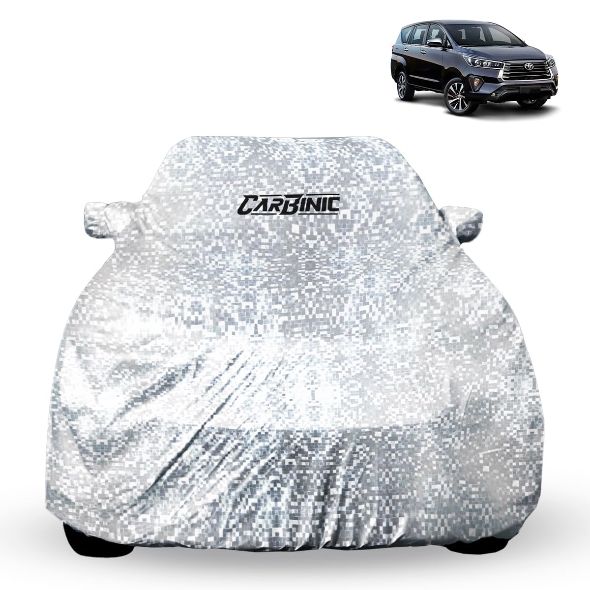 CARBINIC Waterproof Car Body Cover for Toyota Innova Crysta 2021 | Dustproof UV Proof | Innova Crysta Car Accessories | Mirror Pockets & Antenna Triple Stitch | Double Layer Soft Cotton Lining Silver