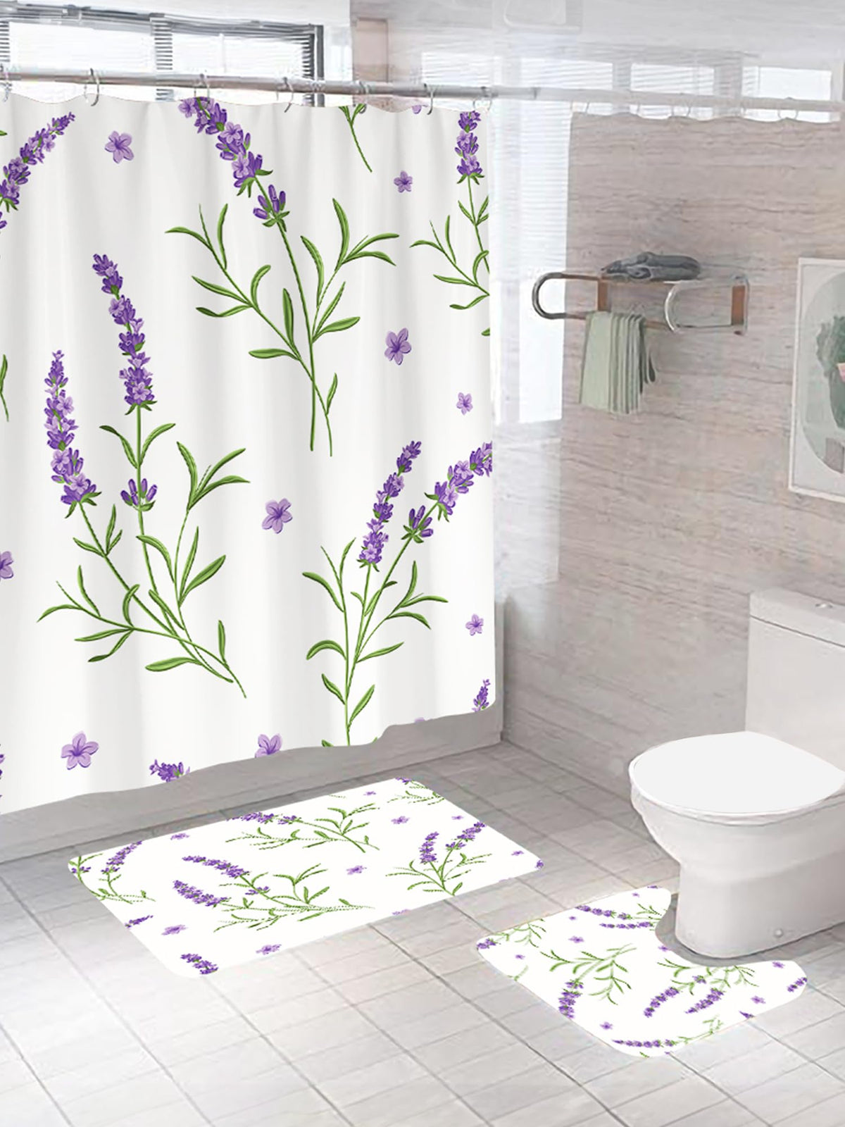 SAVYA HOME Shower Modern Opaque Curtain (1) & Bathroom Mat (2) Set, Shower Modern Curtains For Bathroom I, Waterproof Fabric I Anti Skid Mat For Bathroom Floor I Lavender Purple, Pack Of 3