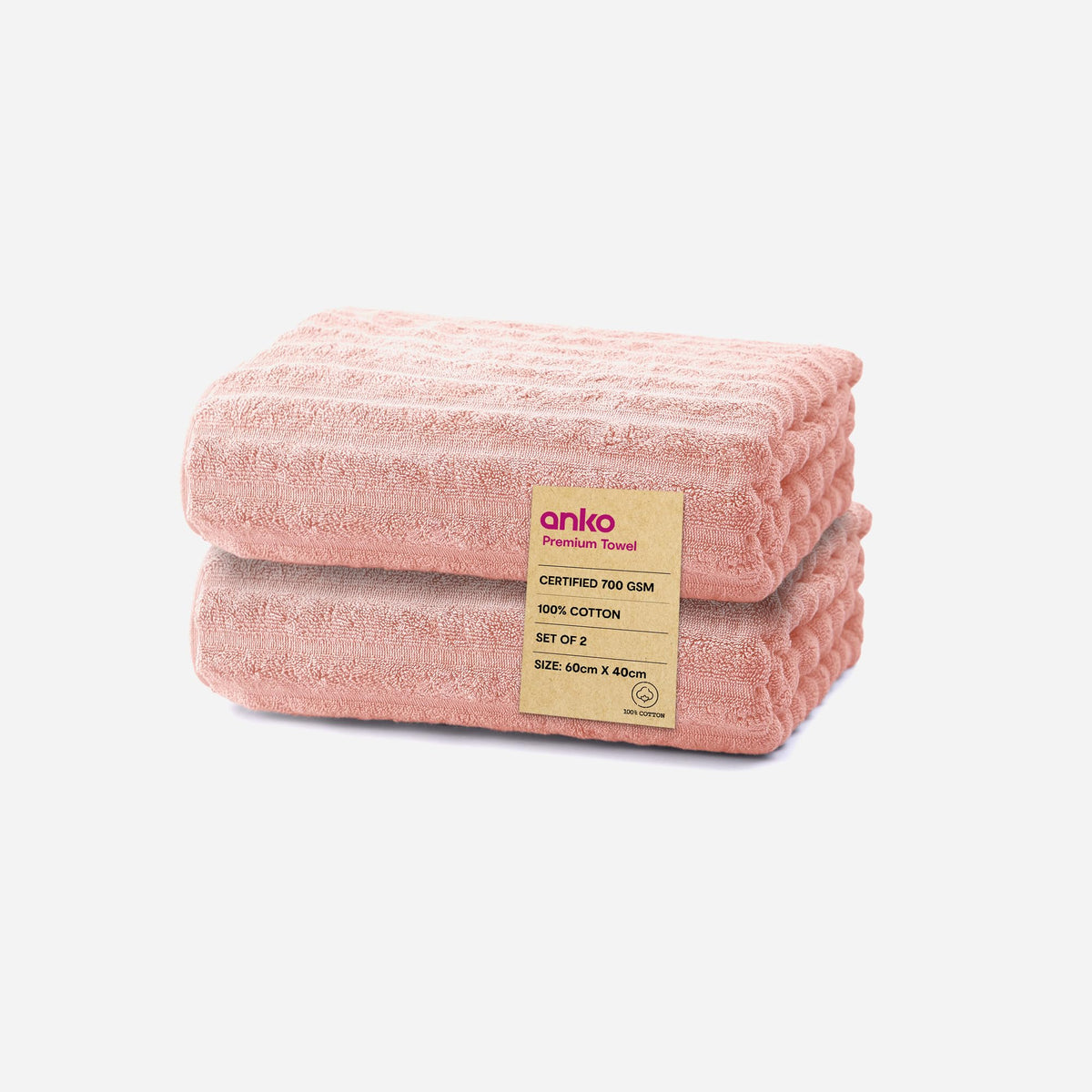 Anko Australia 100% Cotton 700 GSM Ribbed Hand Towel | Set of 2 | Super-Soft, Absorbent, Quick-Drying | Pink Towel for Men, Women & Kids | 60x40 cm |Travel, Gym, Spa Towel