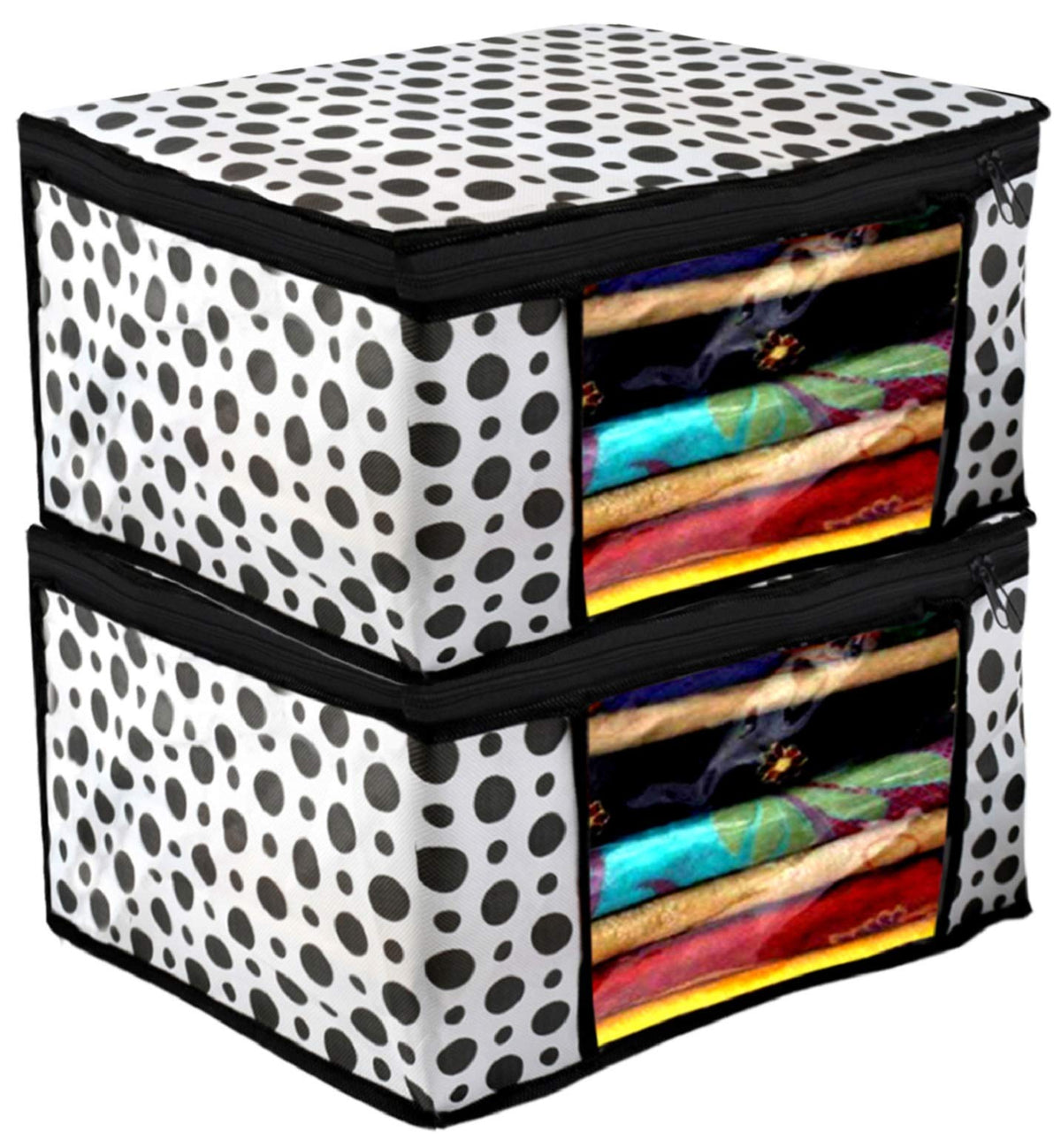 Kuber Industries Polka Dots Design 2 Piece Non Woven Fabric Saree Cover/Clothes Organiser For Wardrobe Set with Transparent Window, Extra Large,(Black & White) - (CTLTC038093)