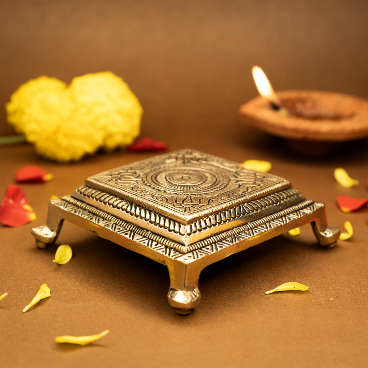 Ekhasa 100% Pure Brass Chowki for God Idols (10.5 cm) | Brass Stool Stand | Brass Small Stand Peedam for Idols | Small Bajot | Pooja Peeta Chowki Small | Pooja Stool for God | Idol Stand for God