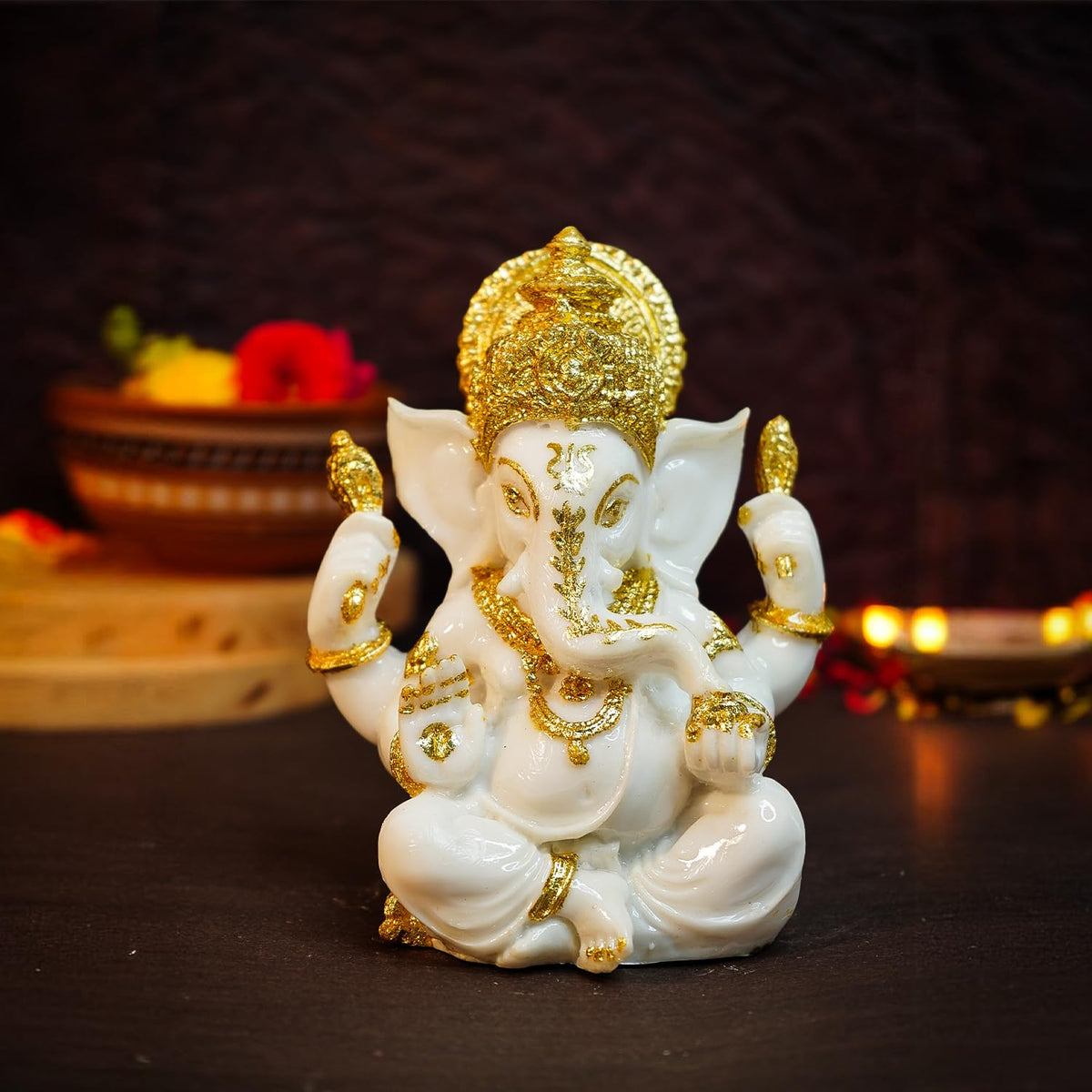 Ekhasa Aura Series Marble Dust Ganesha Idol (5 inch) | Gold Plated Ganesh Murti for Pooja Room, Home Decor, Office Desk | Resin Vinayagar Statue for Diwali Puja | Vinayaka Idol for Gifting