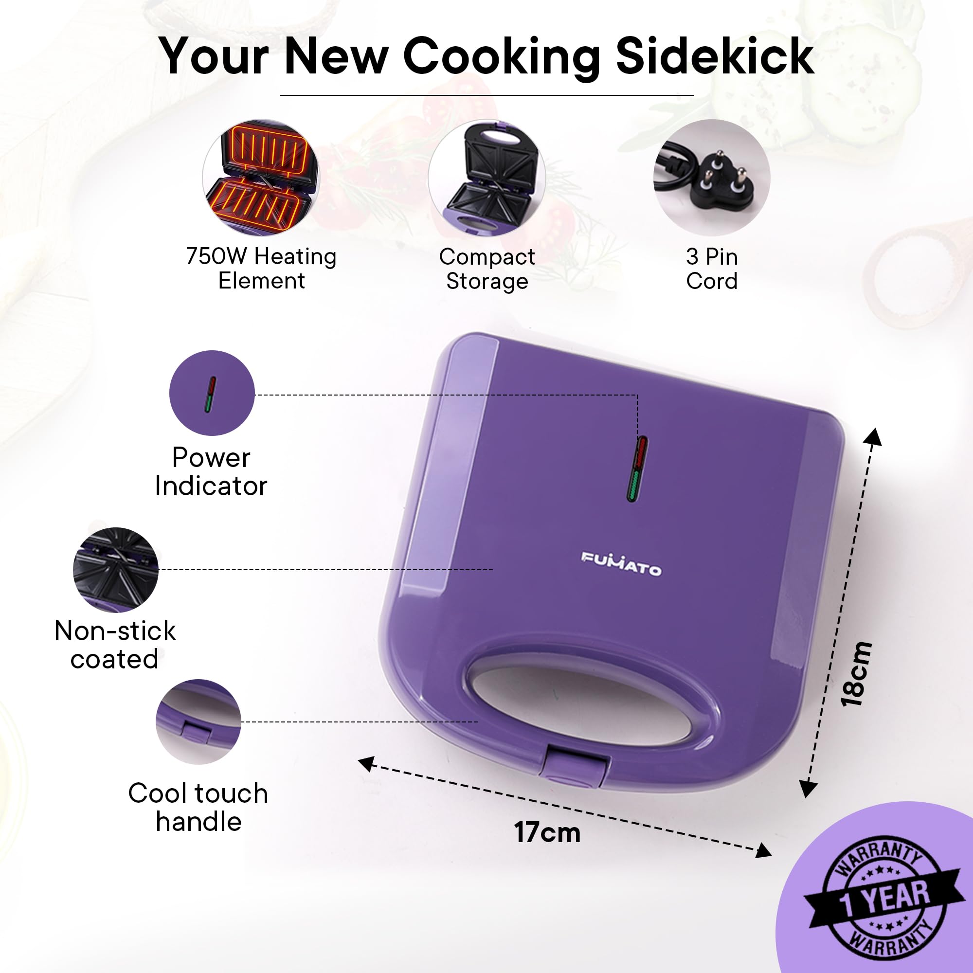 FUMATO Presswich Sandwich Maker - Stylish Purple Haze color