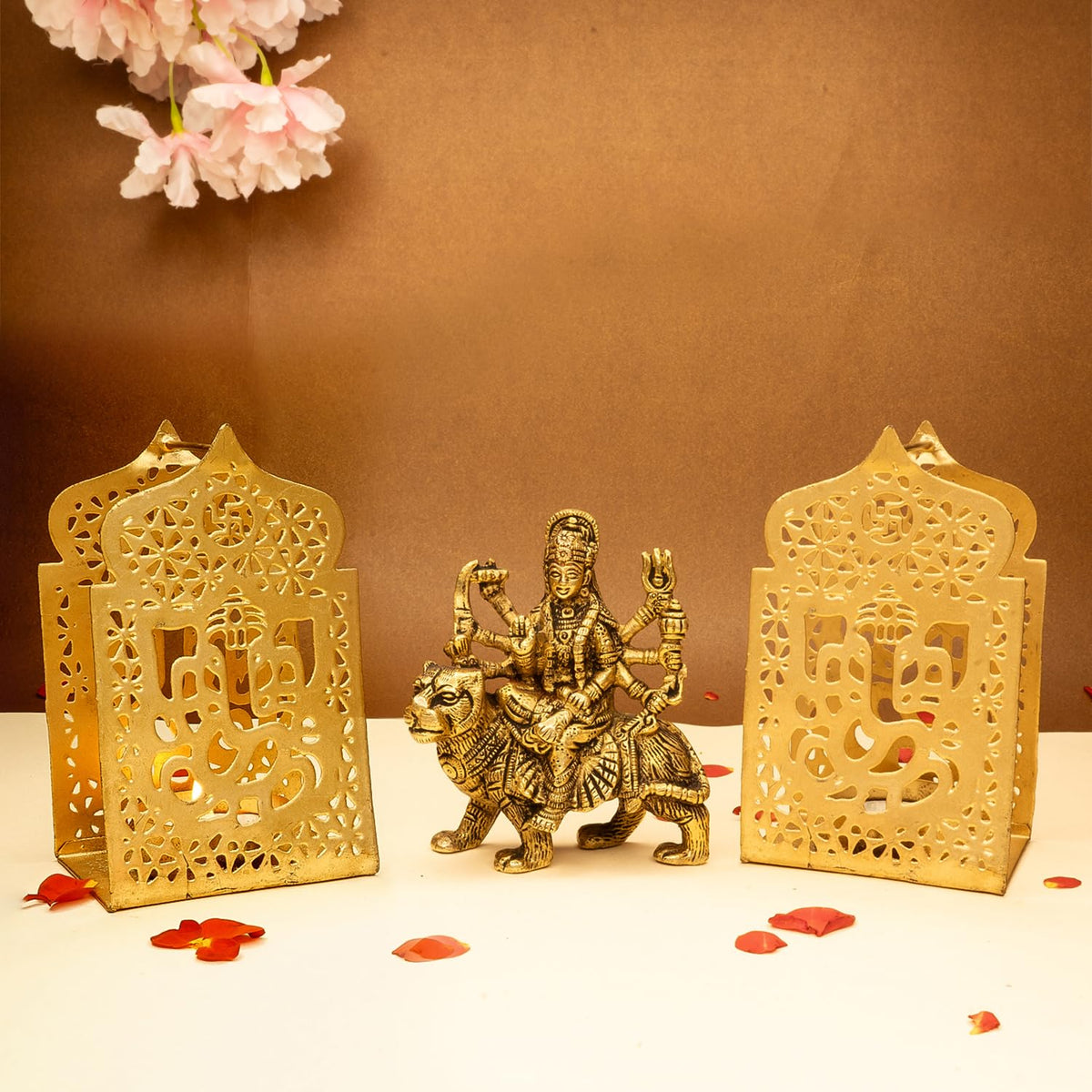 Ekhasa Pure Brass Durga Maa Idol & Tealight Candle Holder | Durga MATA Murti for Home Decor, Puja | MATA Rani Murti for Office Desk | Maa Durga Idol for Gift | Sherawali Ma (Combo)