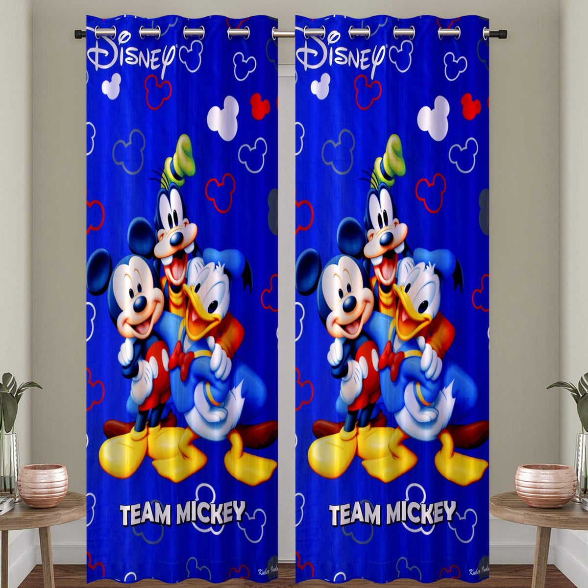 Kuber Industries Disney Team Mickey Print 2 Pieces Polyester Special Blackout Long Crush Eyelet Door Curtain 7 Feet (Royal Blue)-KUBERMART54