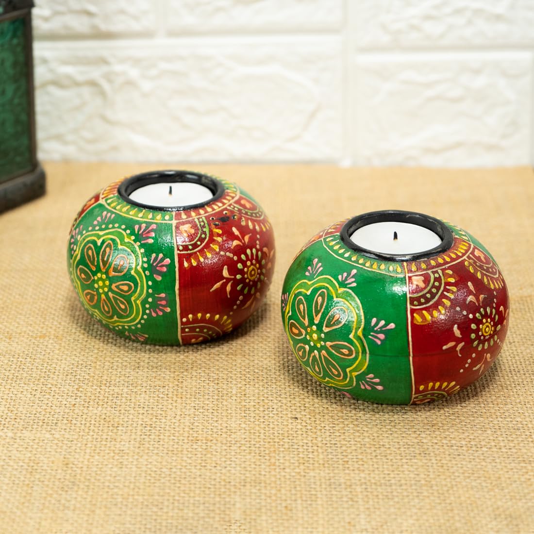 Ekhasa Tealight Candle Holder for Home Décor | Candle Stand for Diwali Decoration and Table Décor | Indoor and Outdoor Festival and Decorative Candles Gift Items (Handpainted Wooden - Set of 2)