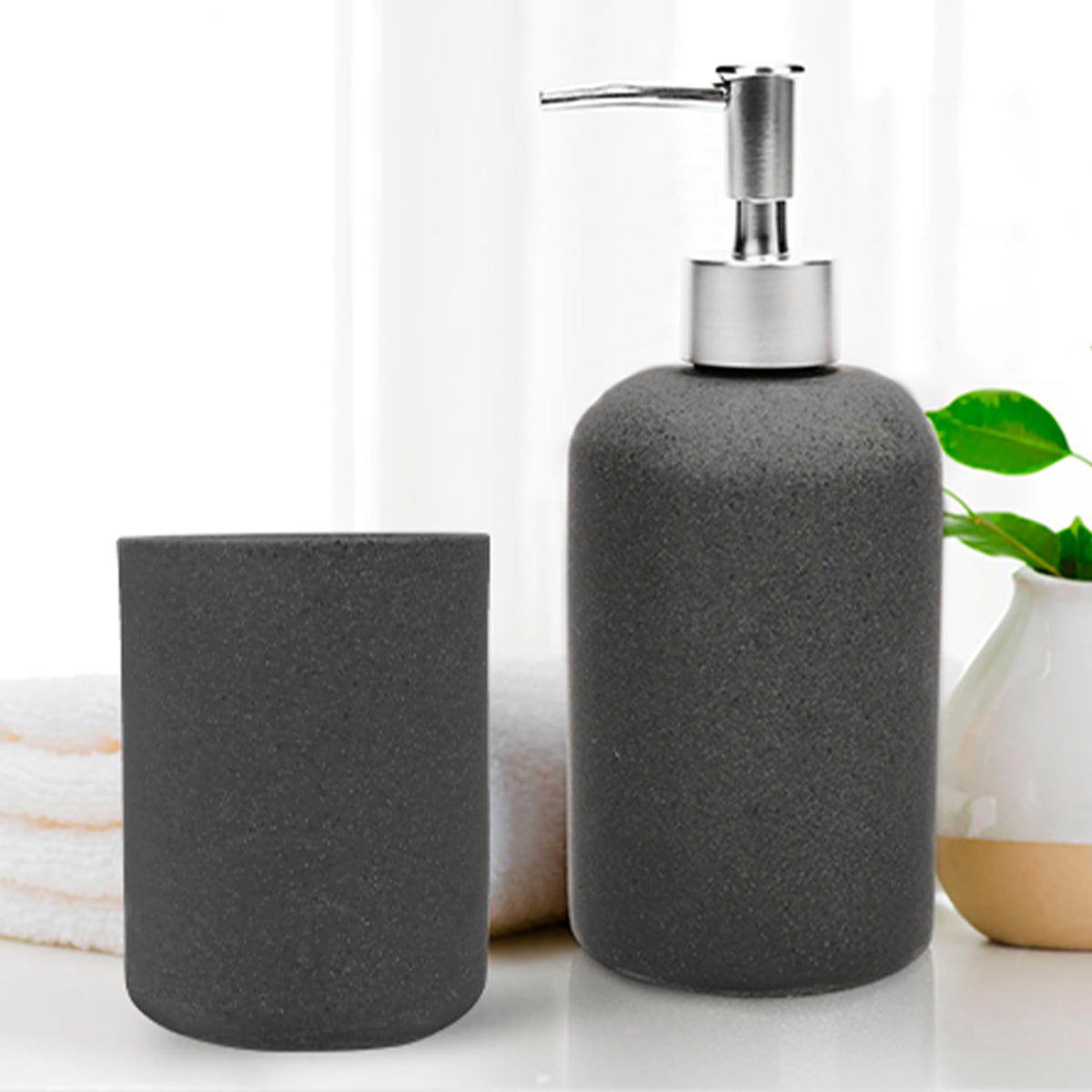 Anko Charcoal Polyresin Toothbrush Holder & Liquid Soap Dispenser (400mL) Set for Bathroom | Rust-Proof, Leak-Proof, Easy to Clean | Bathroom Sanitizer, Lotion, Shampoo Dispenser Black