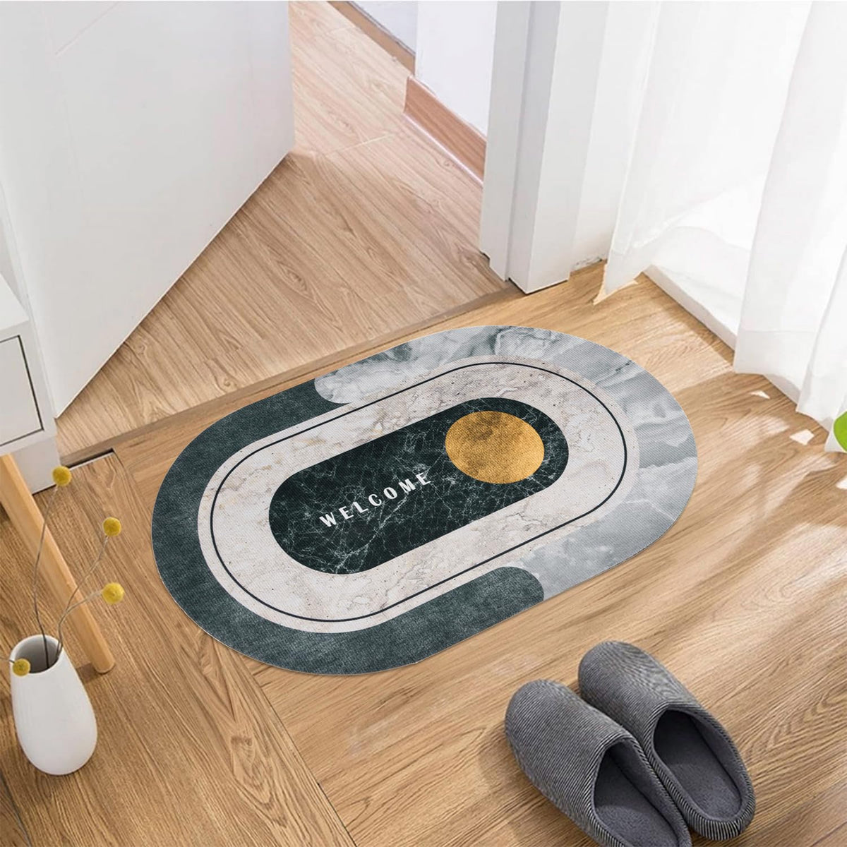 Kuber Industries Welcome Oval Doormat | Soft Anti Skid Door Mat | Non Woven Floor Mat for Home | Non-Slip Door Mat for Entrance | HY072 | Gray & White