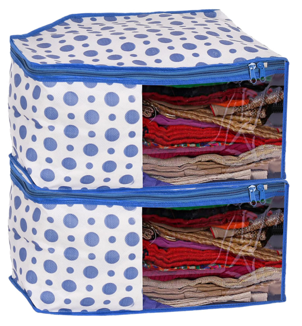 Kuber Industries Dot Printed Non-Woven Blouse Cover, Cloth Organizer, Wardrobe Organiser With Tranasparent Window- Pack of 2 (Blue)-46KM0304