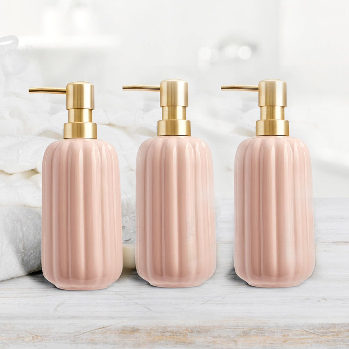 Anko Liquid Soap Dispenser - Pack of 3 | Stoneware | Bathroom Sanitizer, Lotion, Shampoo Dispenser | Ceramic Handwash Bottle for Kitchen | Soap Dispenser for Wash Basin | Pink | 400 ml