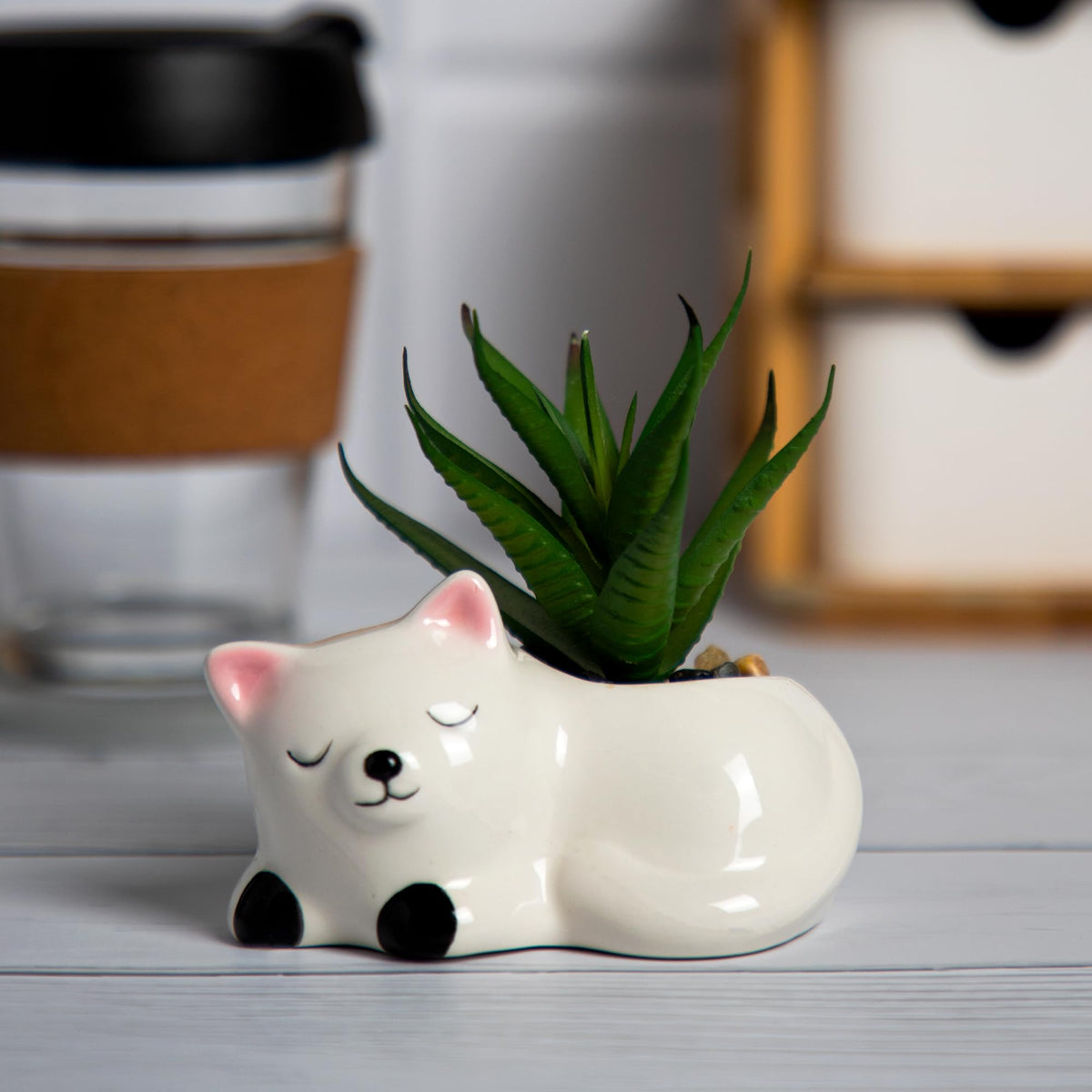 Anko Cat Succulent - Decorative Artificial Plant in Dolomite Pot | Home Decor | Centerpieces | Kitchen | Office or Living Room | Green & White, 10cm Height