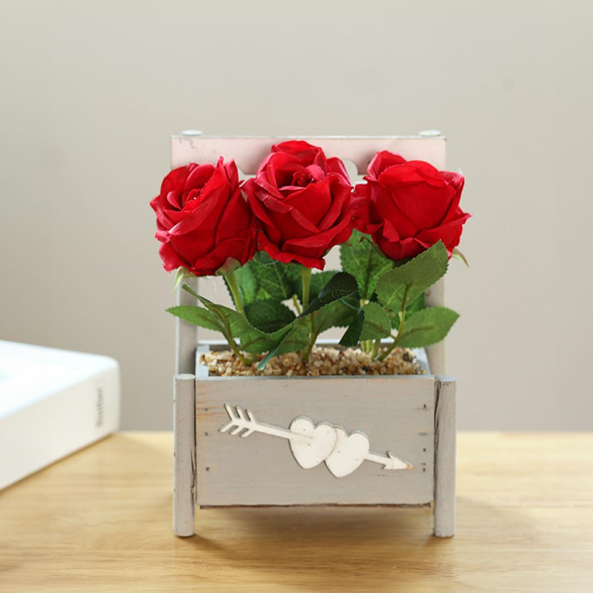 Gleevers Artificial Plants with Pot 20cm Height I 3 Headed Little Red Rose Flower I Plastic Plants for Home Decor I Office Desk, Bedroom, Balcony, Living Room, Table Top I Natural Look Decoration