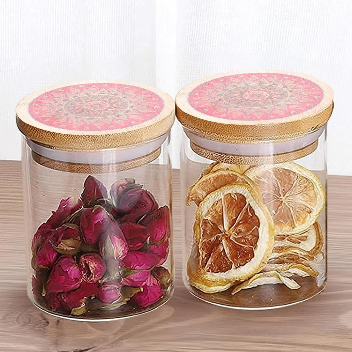 Ekhasa Airtight 100% Borosilicate Glass Jars with Printed Bamboo Lid (Set of 2, 300ml) | Glass Container for Kitchen Storage | Kitchen Containers Set Glass | Air Tight Glass Jar with Wooden Lid