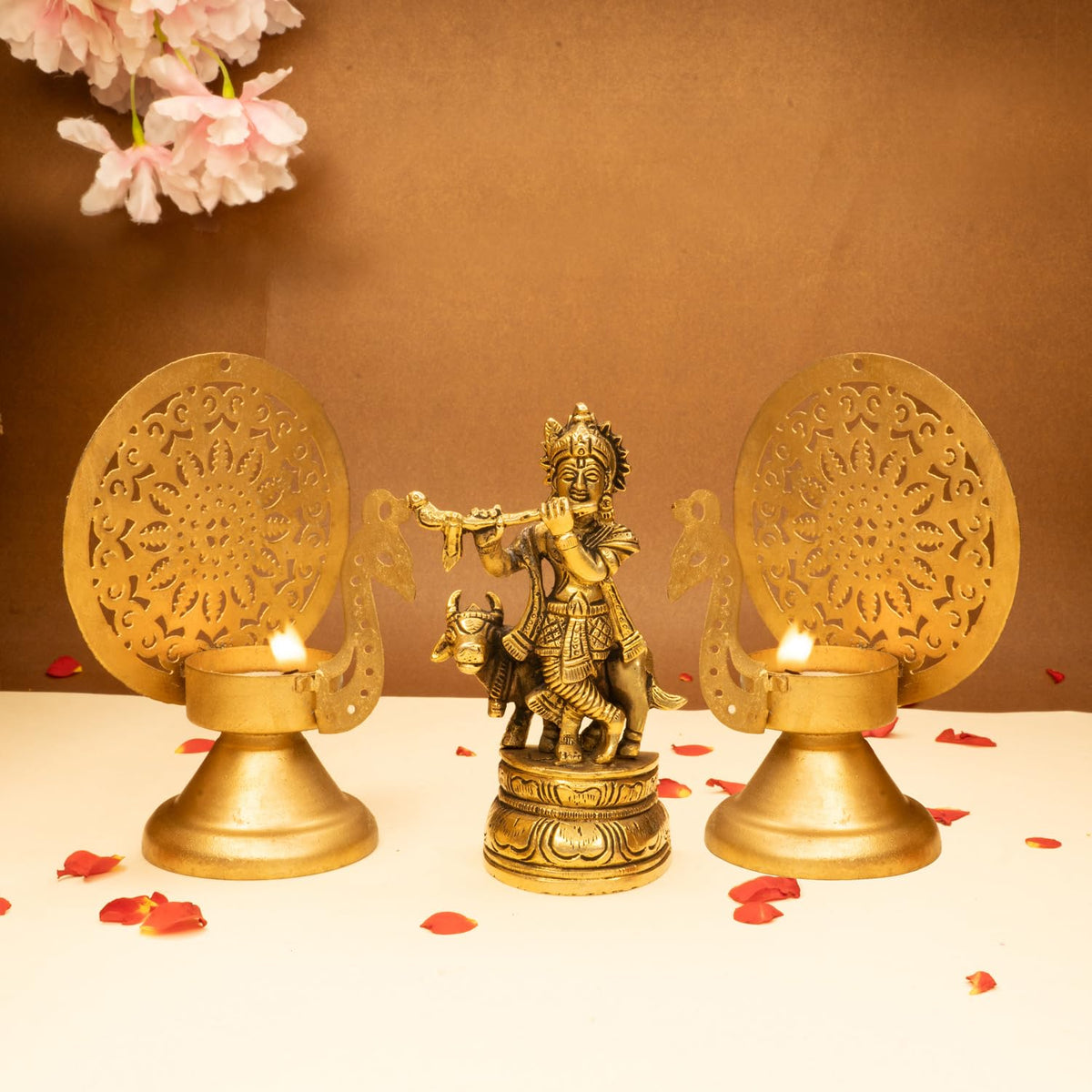 Ekhasa 100% Pure Brass Lord Krishna Idol with Flute & Tealight Candle Holder | Shree Krishna Statue for Home Decor | Kanha Ji ki Murti for Office Desk | Sri Krishna Idols Gift (Combo)