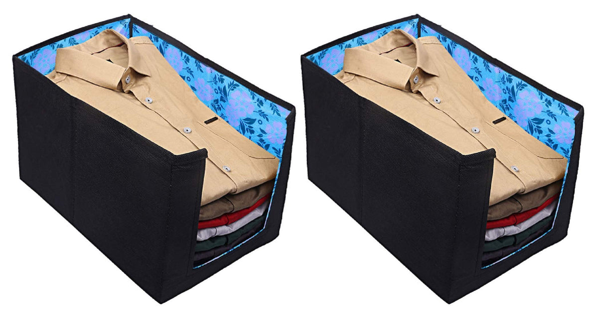 Kuber Industries Flower Design Non-Woven 2 Pieces Shirt Stacker Wardrobe Organizer (Blue) - CTKTC23240