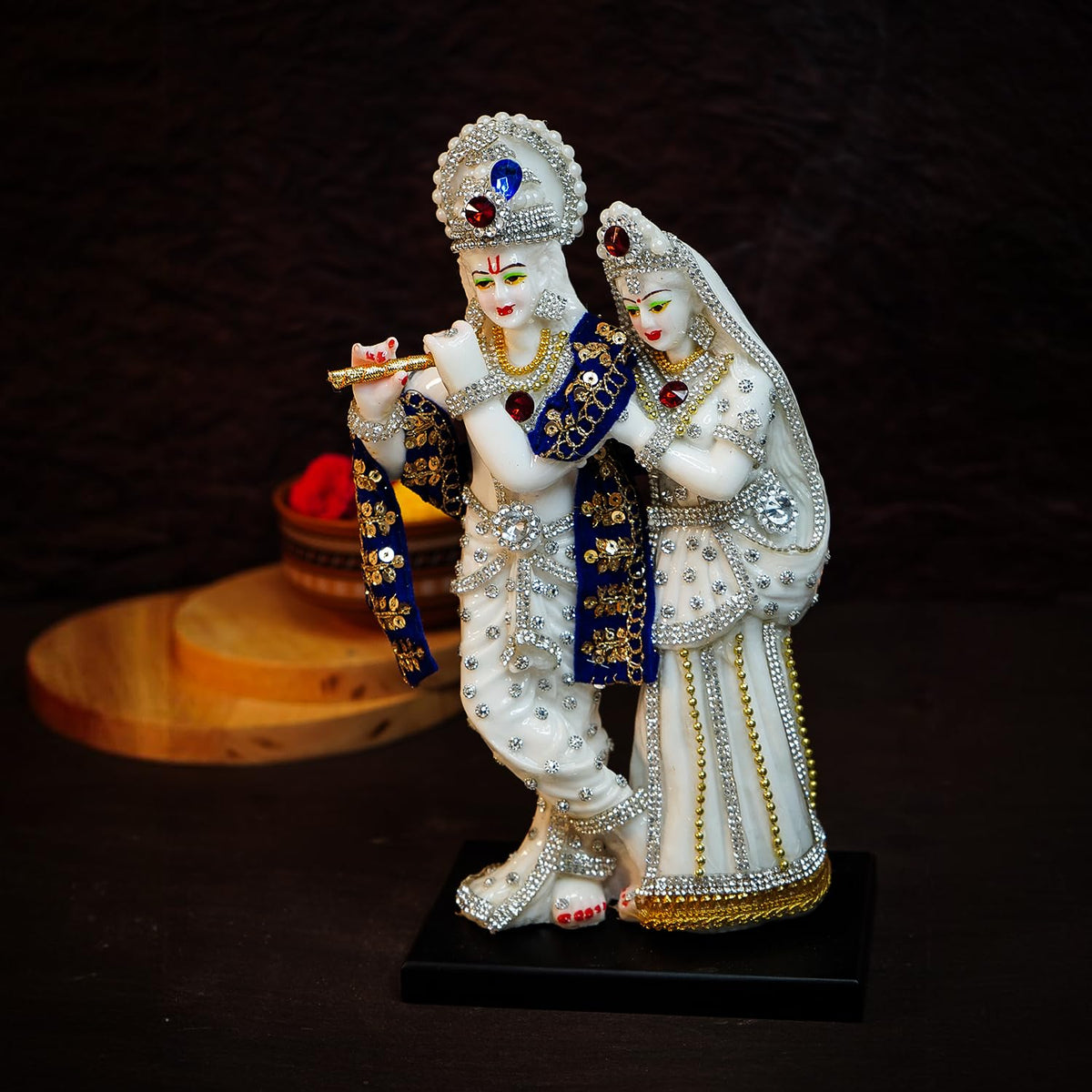 Ekhasa Aura Series Marble Dust Radha Krishna Murti (8 inch, Medium Size) | Gemstone Zircon Studded Radha Krishna Statue | Resin Radha Krishna Idol | Radhe Krishna ki Murti for Pooja