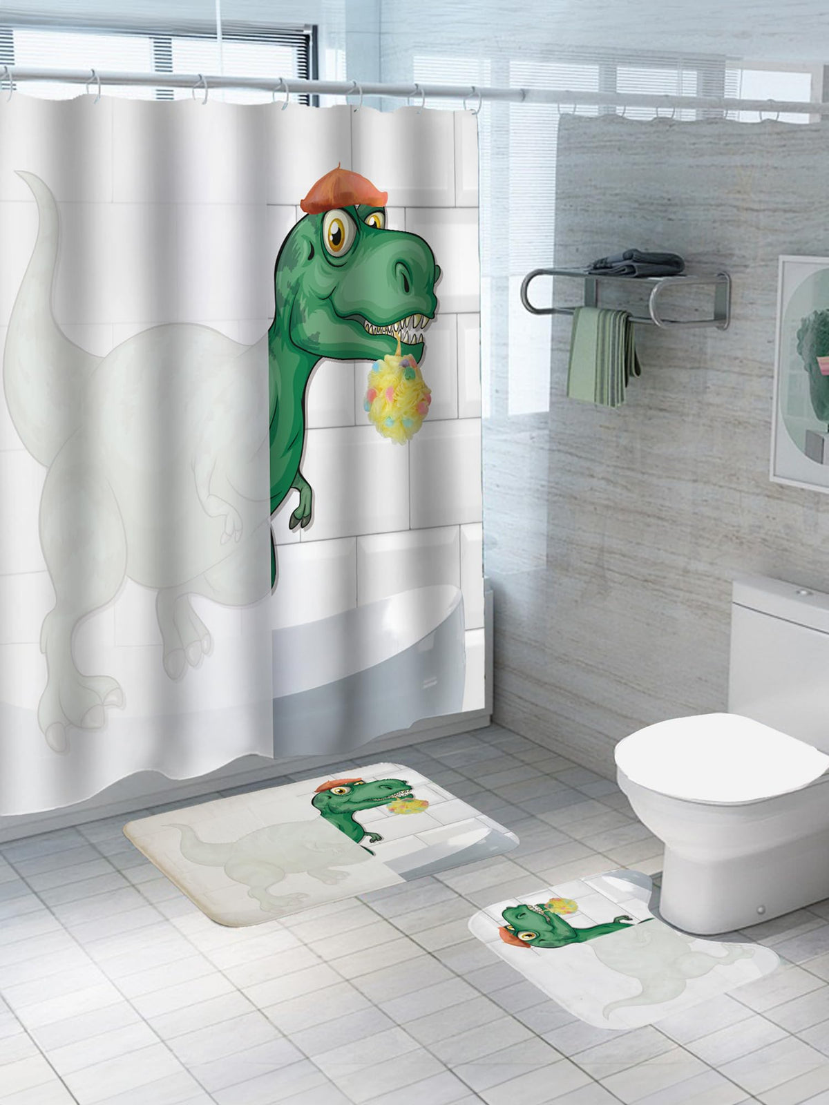 SAVYA HOME Shower Curtain (1) & Bathroom Mat (2) Set, Shower Curtains for Bathroom I, Waterproof Fabric I Anti Skid Mat for Bathroom Floor I Dinosaur Cartoon, Pack of 3