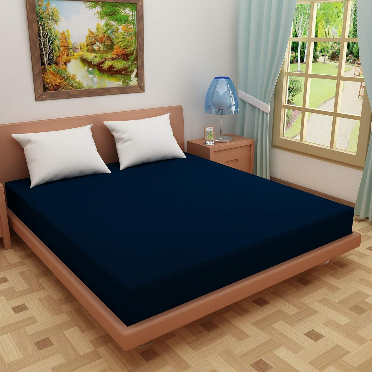 Kuber Industries Waterproof Double Bed Mattress Cover|Breathable Terry Cotton Surface & Elastic Fitted Mattress Protector,6 x 6.5 Ft. (Dark Blue) (Pack of 4)