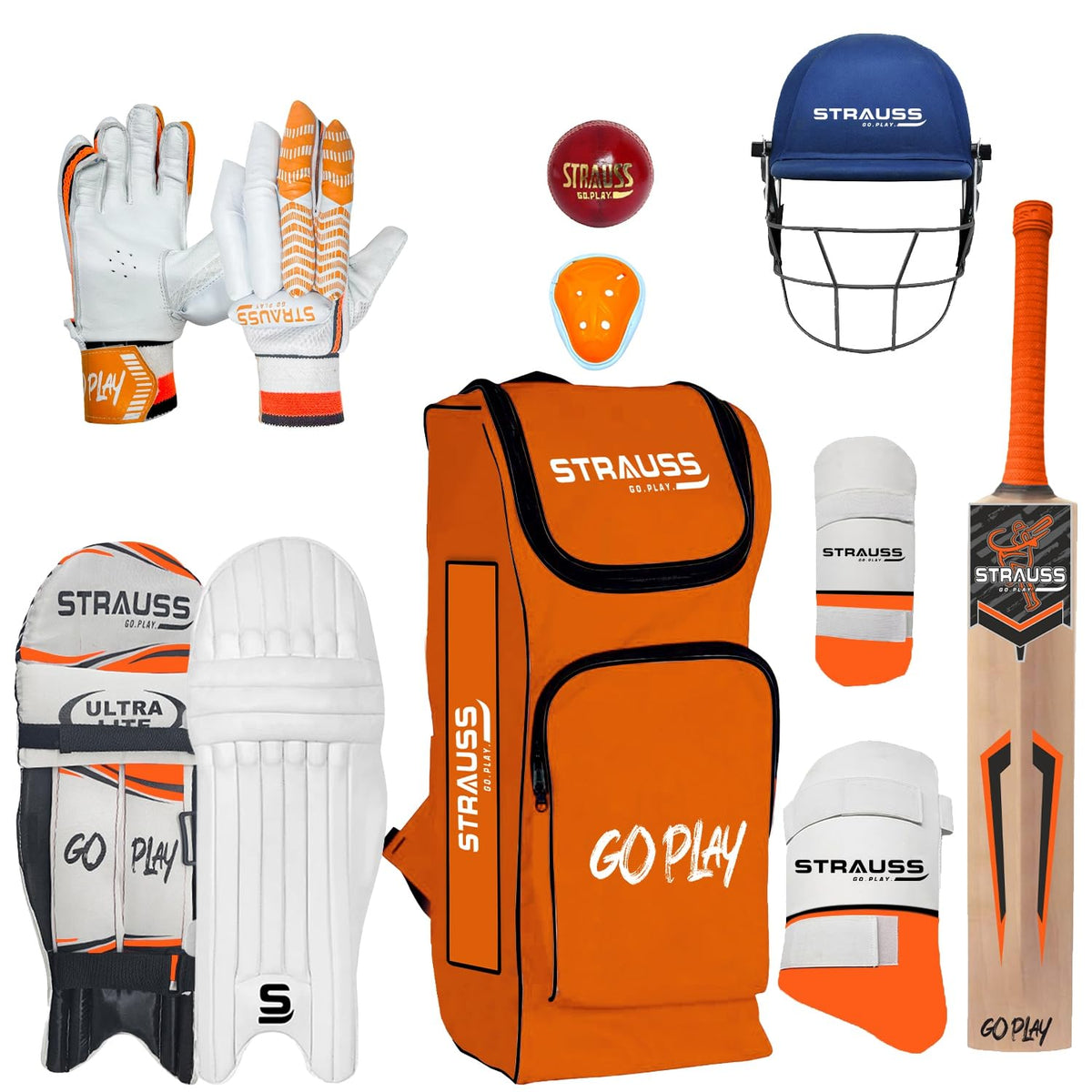 Strauss Kashmir Willow Right Hand Leather Cricket Kit | Size: Full Size | Ideal for Age 13+ | Cricket Accessories for Boys | for Training & Matches | Set of 9 | includes Leather Cricket Ball,(Orange)