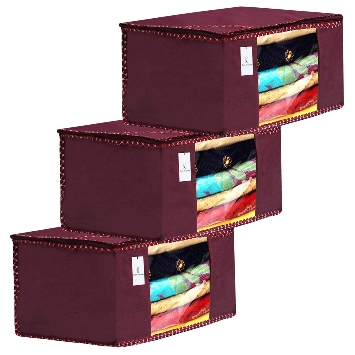 Kuber Industries 3 Piece Non Woven Fabric Saree Cover Set with Transparent Window, Extra Large, Maroon-CTKTC31864