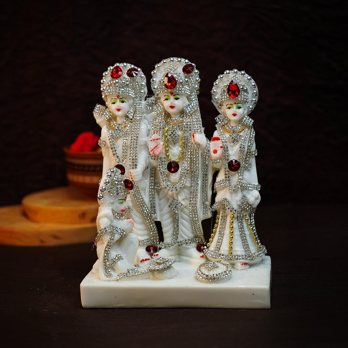 Ekhasa Aura Series Marble Dust Ram Darbar Murti (8 inch, Medium Size) | Gemstone Zircon Studded Ram Darbar Statue for Home Decor | Ram Sita Laxman Hanuman Idol | Shree Ram Parivar Murti for Gift