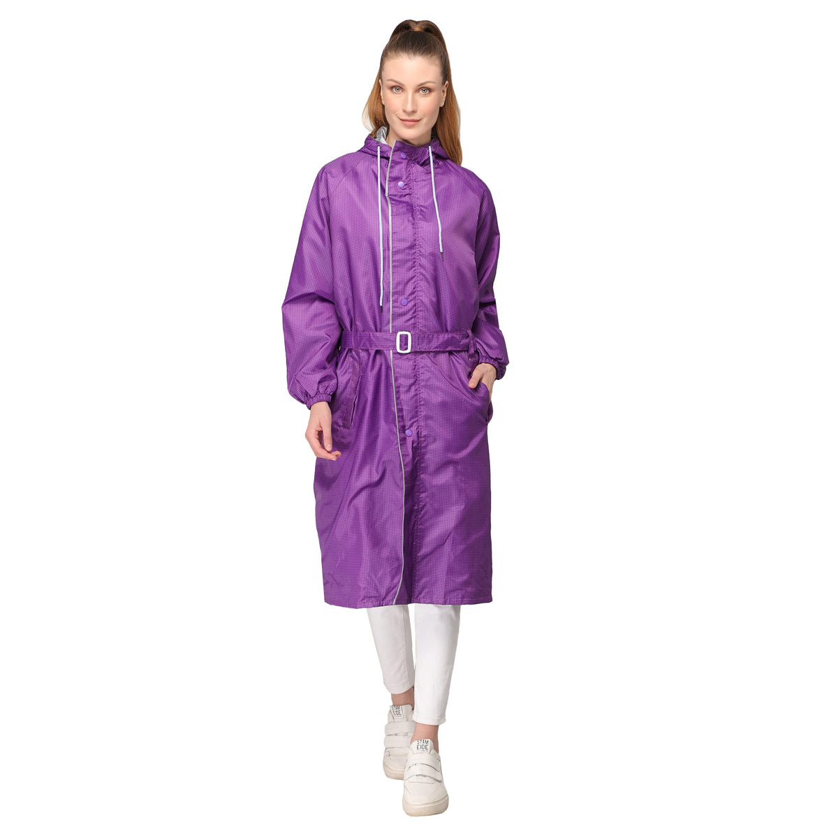 THE CLOWNFISH Dynamic Series Women's Waterproof Polyester Reversible Raincoat/Longcoat with Hood and Reflector Logo at Back for Night Visibility -with Storage Bag (Navy Blue, XL)