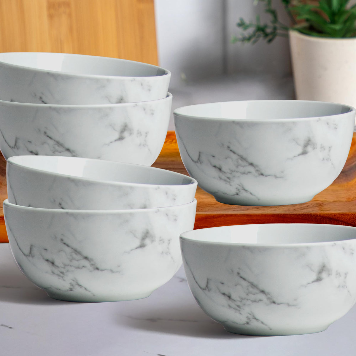 Anko 5.5" Marble Look Glazed Porcelain Bowls - Set of 6 | Premium Crockery for Dining Table Ideal for Serving Soup, Salad, Dessert | Designer Bowls for Home, Kitchen, Restaurant | Marble White