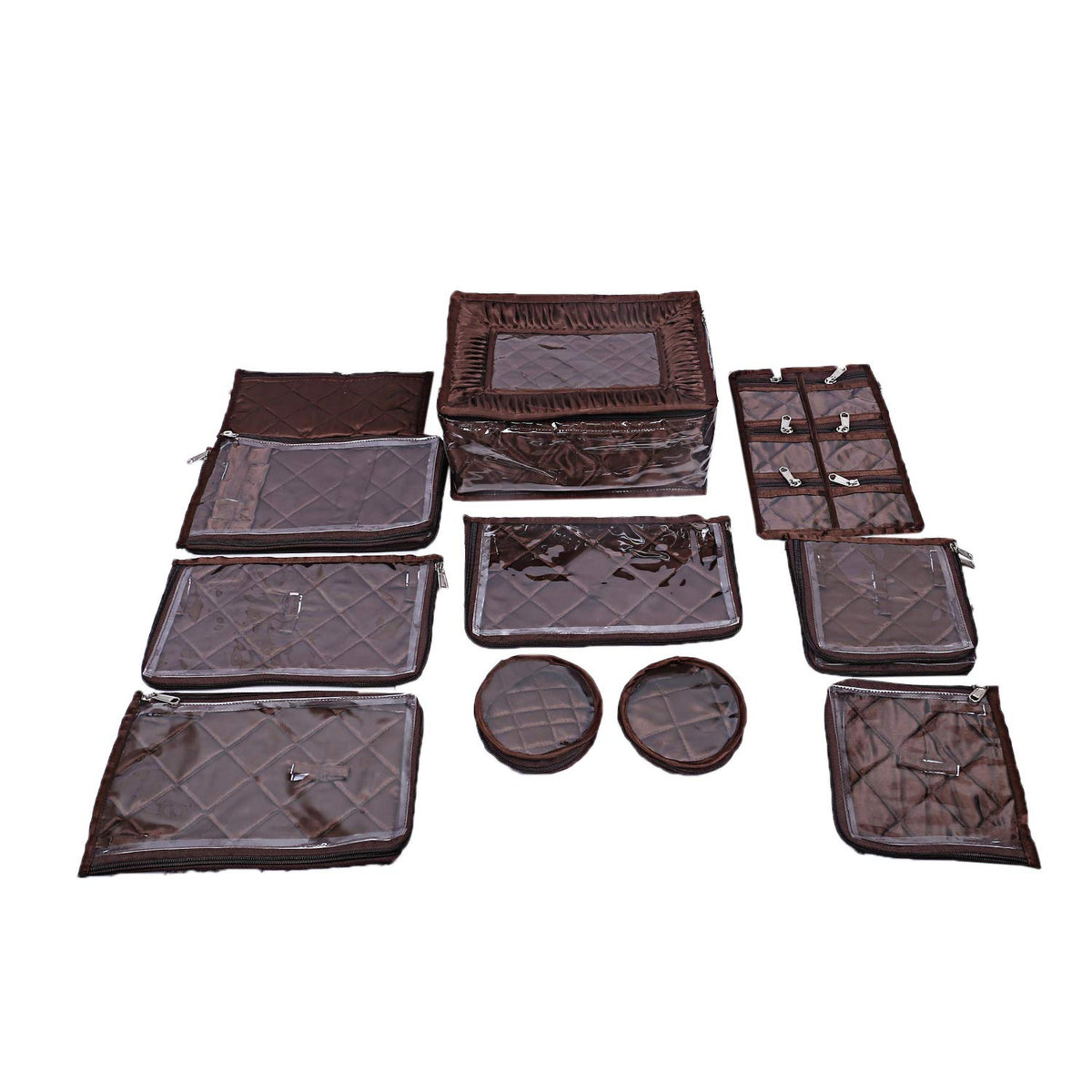 Kuber Industries Laminated Satin Locker Jewellery Kit (Brown), 12 Pouches-CTKTC025666