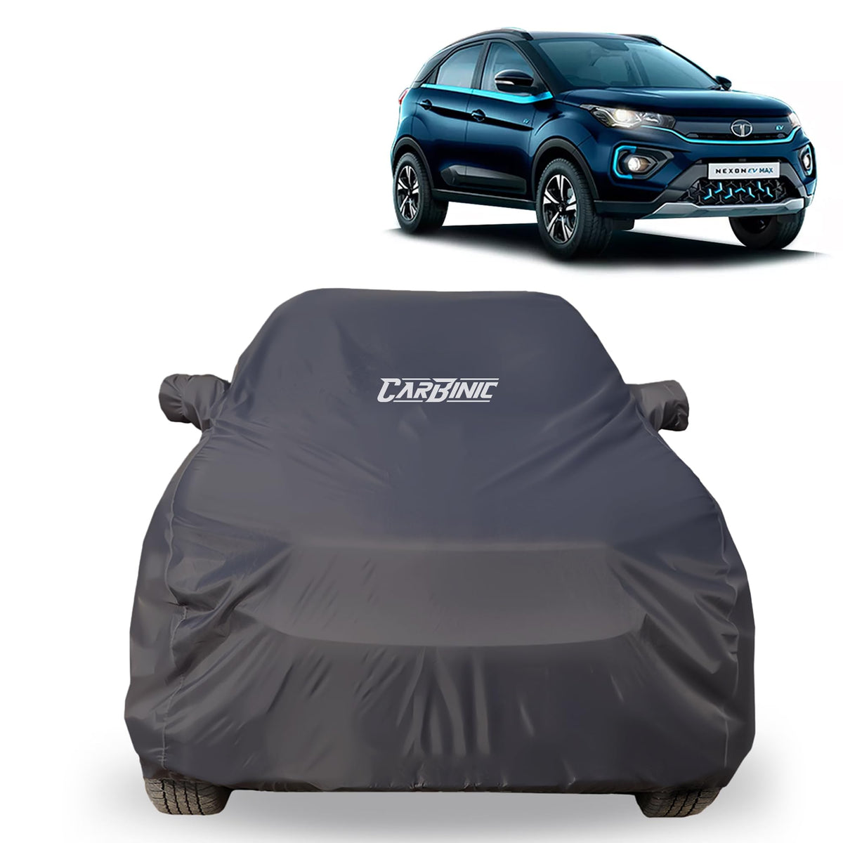 CARBINIC Car Body Cover for Tata Nexon EV 2022 | Water Resistant, UV Protection Car Cover | Scratchproof Body Shield | Dustproof All-Weather Cover | Mirror Pocket & Antenna | Car Accessories, Grey