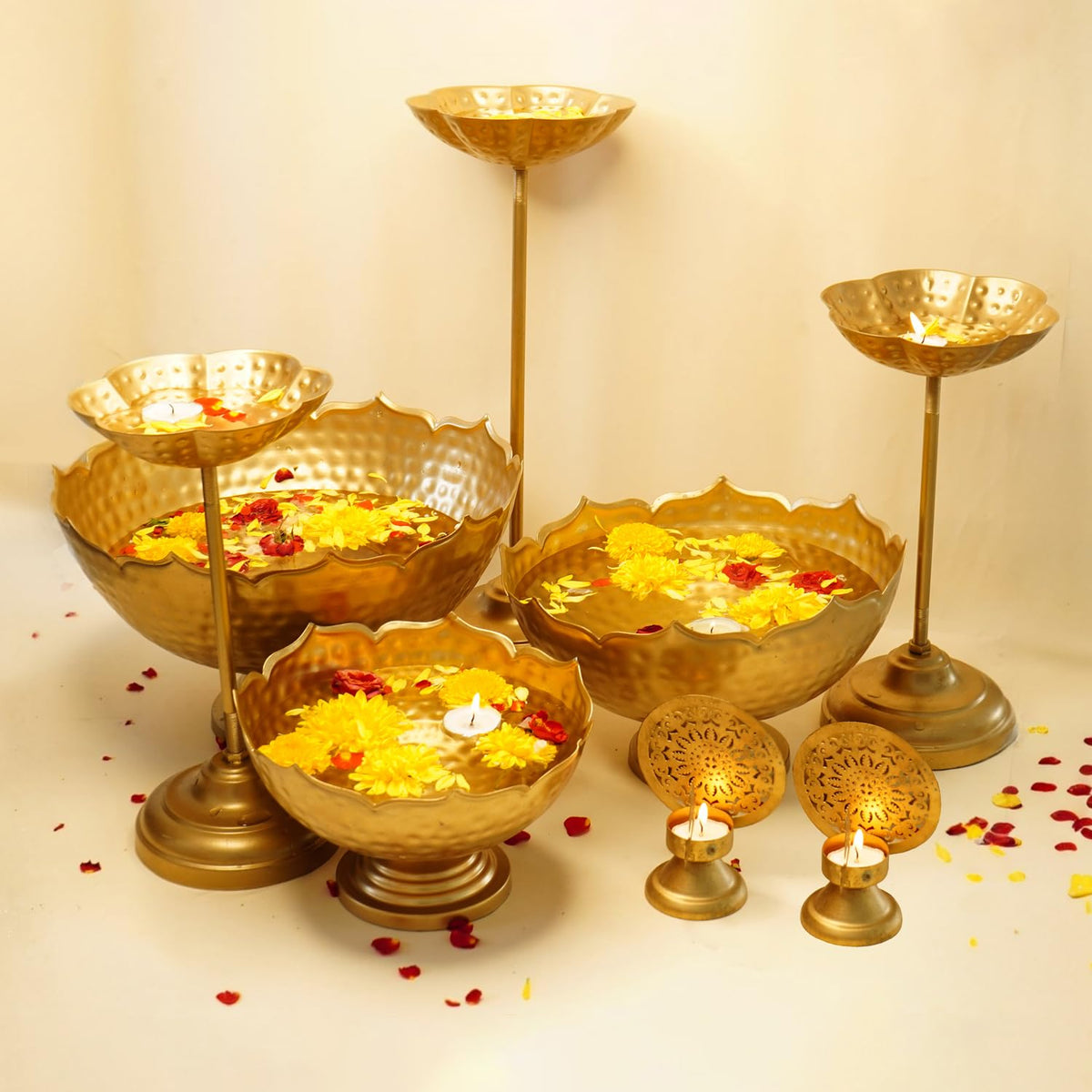 Ekhasa Big Combo Pack Taj Urli Bowl Stand & Tealight Holder for Home Decor | Floating Flowers Water Bowl Decorative Items (3 Bowls+3 Stands+2 Tealight Holders) for Diwali Pooja, Festivals Decoration