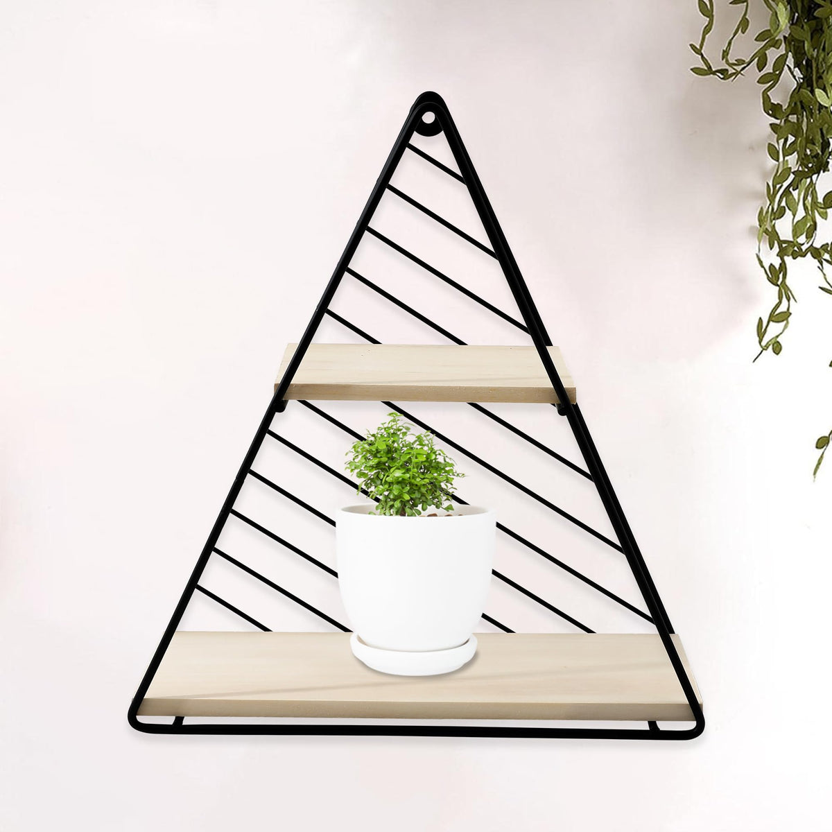 SAVYA HOME Triangular Hanging Wall Shelf/Wall Shelves/Wall Mounted Shelf/Home Decoration/Wall Shelf for Bedroom/Interior Decoration Items/Metal Decorative Rack/Pinewood/White-27x9.5x27 cm