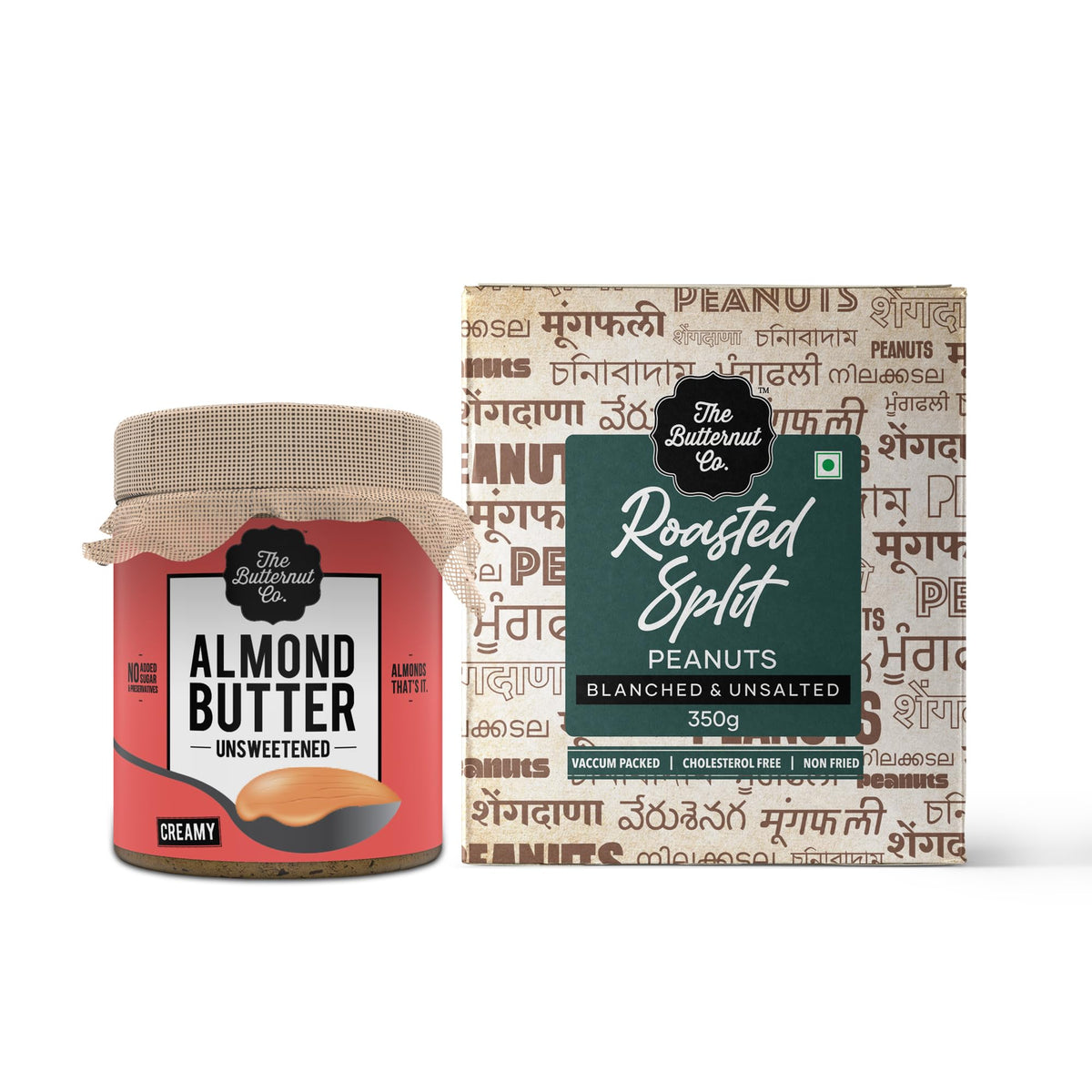 The Butternut Co. Unsweetened Almond Butter Creamy 200g & Roasted Split Peanuts 350g - 550g Combo Value Pack