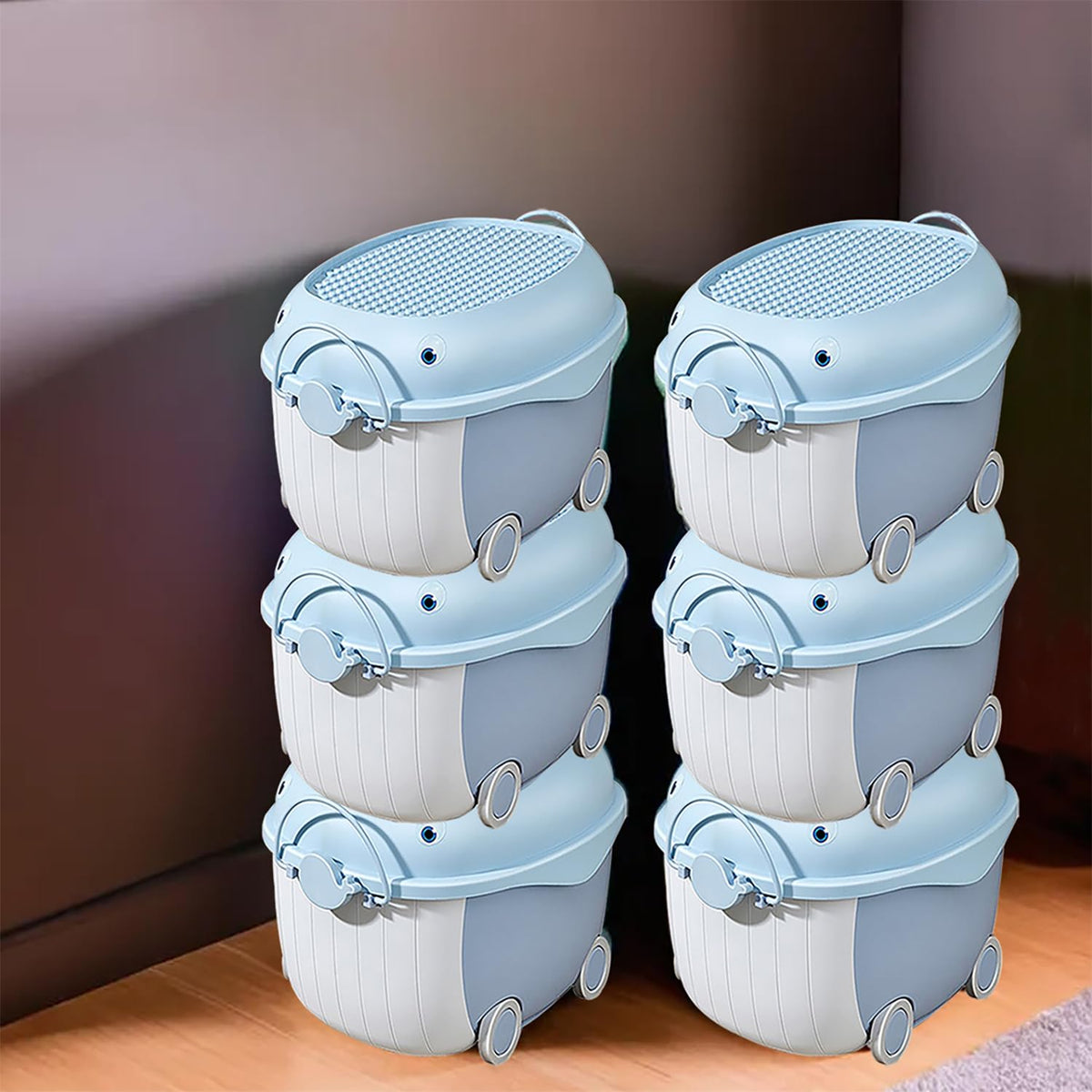 Kuber Industries Pack of 6 Children's Toy Storage Box | Dolphin Cartoon Toy Storage Box | Storage Box With Lid & Wheel | Stackable & Multipurpose Large Storage Boxe | YN6258 | Blue
