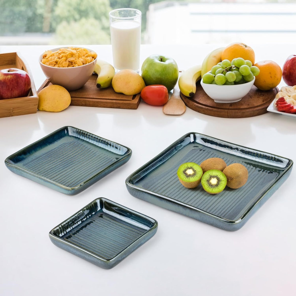 Ekhasa Ceramic Serving Tray for Snacks | Fancy Platters for Appetizer Serveware | Tea Snacks, Desserts, Dry Fruits, Salad, Starter Plates for Dining | Designer Square Trays Set of 3 (Glaze Green)