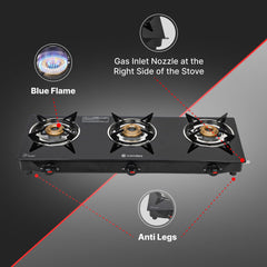 Candes Manual Ignition Gas Stove 3 Burners Die Cast Alloy Tornado Burner-Brass | 6mm Powdered Toughened Glass Top | Nylon Ergonomics Knob | LPG Compatible | ISI Certified | 1 Yr Warranty | Black