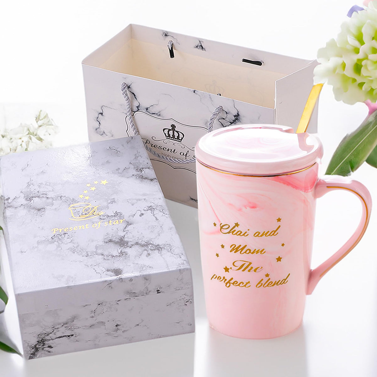 Gleevers Coffee Mug 400ml | Ceramic Mothers Day Gift for Mom - Chai Cup with Lid and Spoon | with Gift Bag and Box Included | Birthday Present for Mom - Pink Pack Size 1