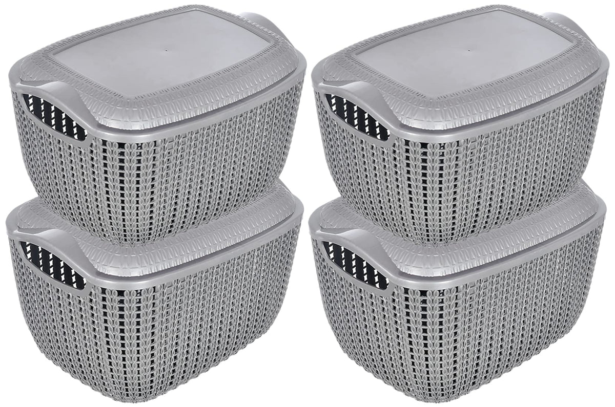 Heart Home Multiuses Small M 25 Plastic Basket/Organizer With Lid- Pack of 4 (Grey) -46HH033