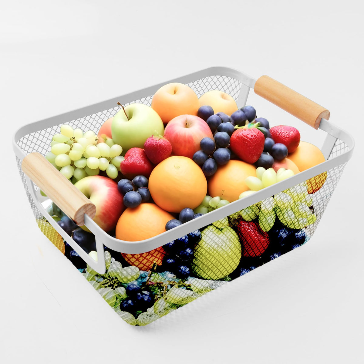 UMAI Metal Mesh Basket for Storage with Wooden handle (Small - White - 280 Gms) | Picnic Basket | Fruit basket & Vegetable basket for kitchen | Home Decor Items| Pink | Organisers Storage Box ||