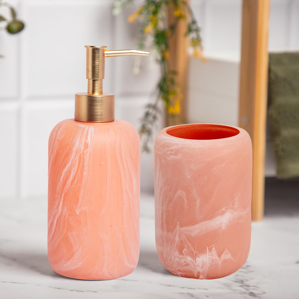 Anko Resin Soap Dispenser (160g) & Toothbrush Holder Set - 2Pcs | Bathroom Accessories | Liquid Soap Dispenser For Bathroom | Handwash Dispenser | Bathroom Organiser - Pink