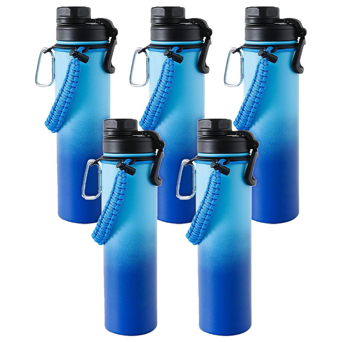 Kuber Industries Water Bottle | Steel Water Bottle for Daily Use | Vacuum Insulated Flask Water Bottle with Rope | Hot & Cold Water Bottle | 720 ML | LX-230604 | Pack of 5 | Aqua Blue