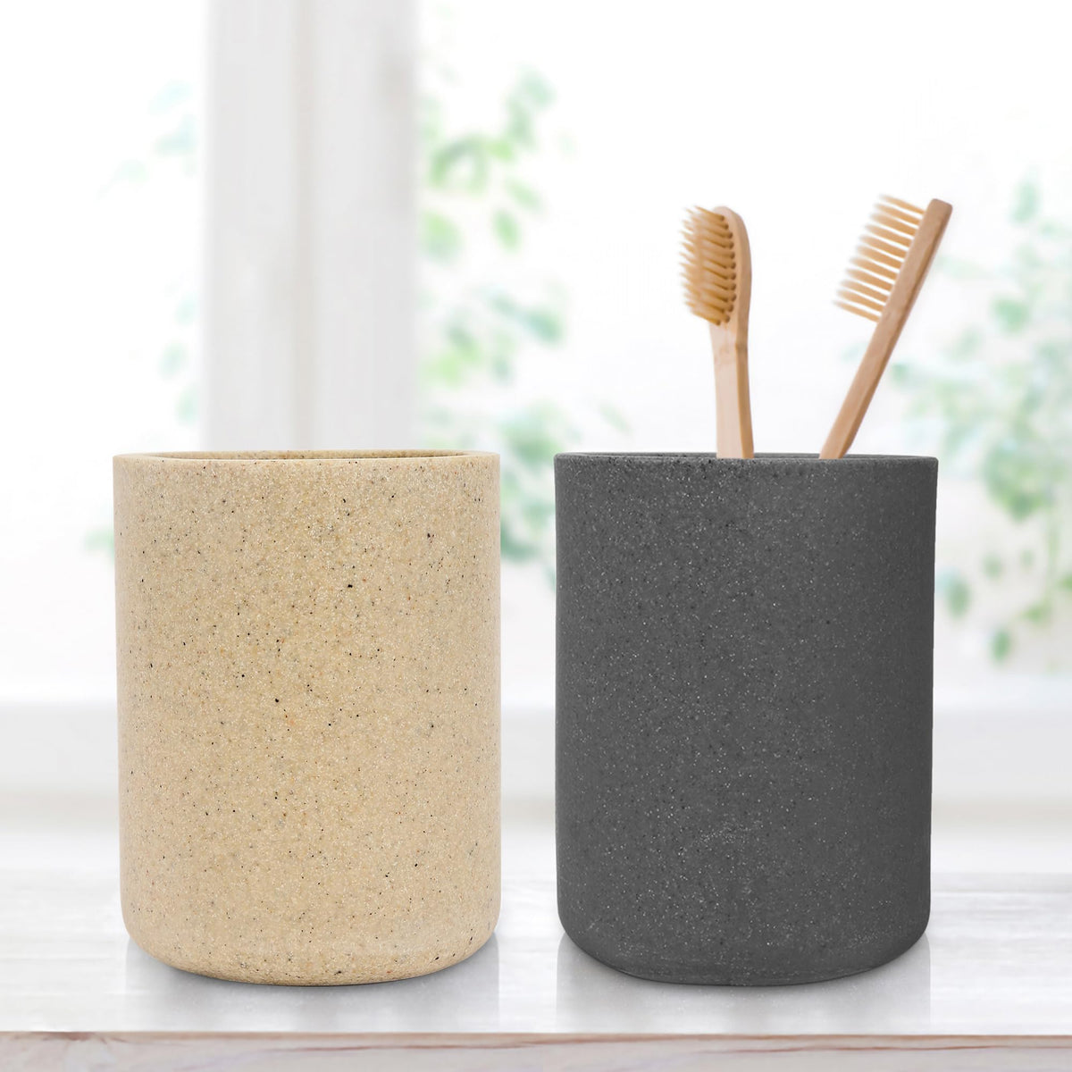 Anko Ceramic Toothbrush Holder for Bathroom | Toothpaste, Makeup Brush Holder for Bathroom | Bathroom Accessories for Wash Basin | Home, Office, Bathroom Organiser | Black & Beige | Set of 2