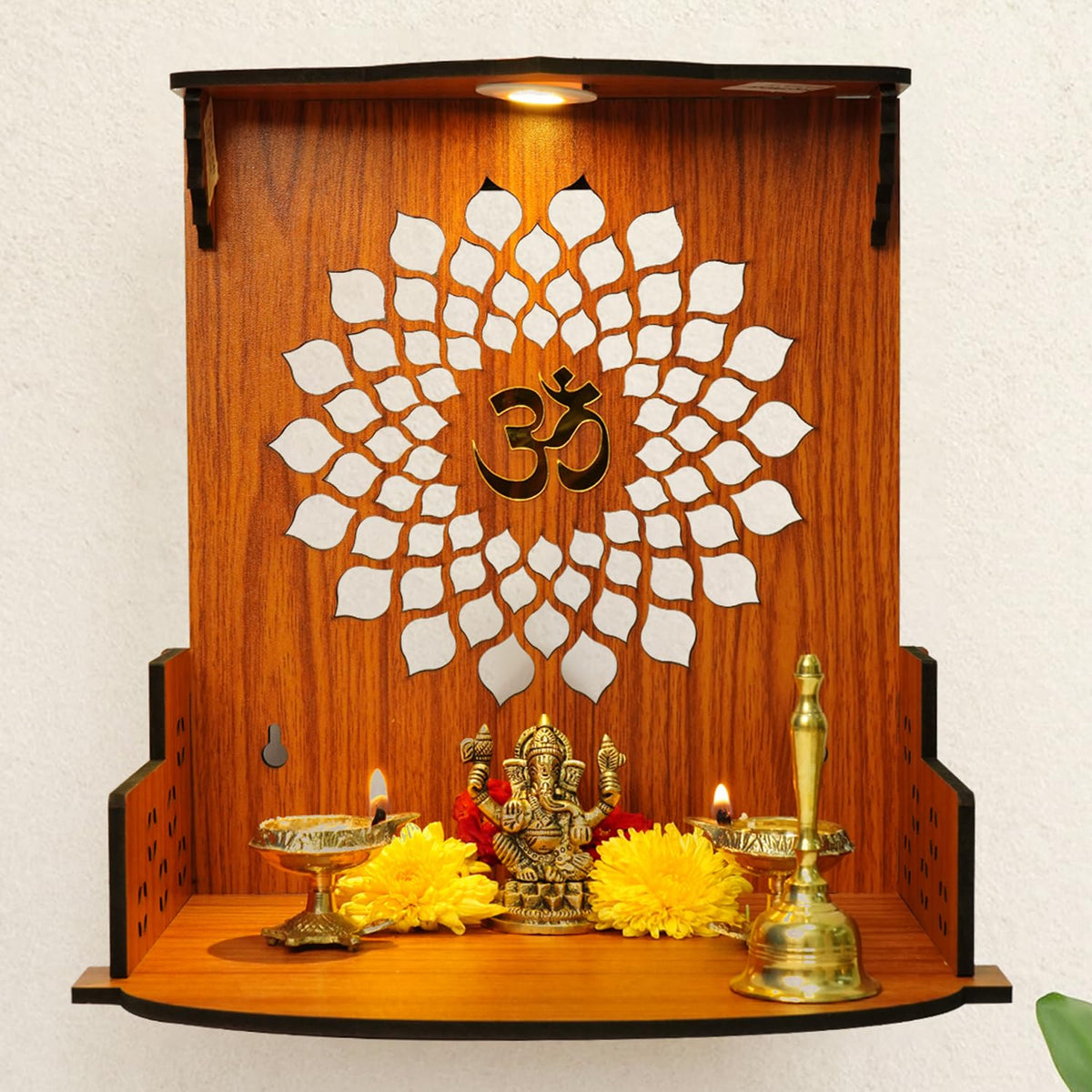 Ekhasa Wooden Pooja Mandir for Home Wall Mounted | Wooden God Temple for Home | Pooja Stand for Home | Puja Mandir for Home | Pooja Unit for Home with LED Spotlight | Temple for Office