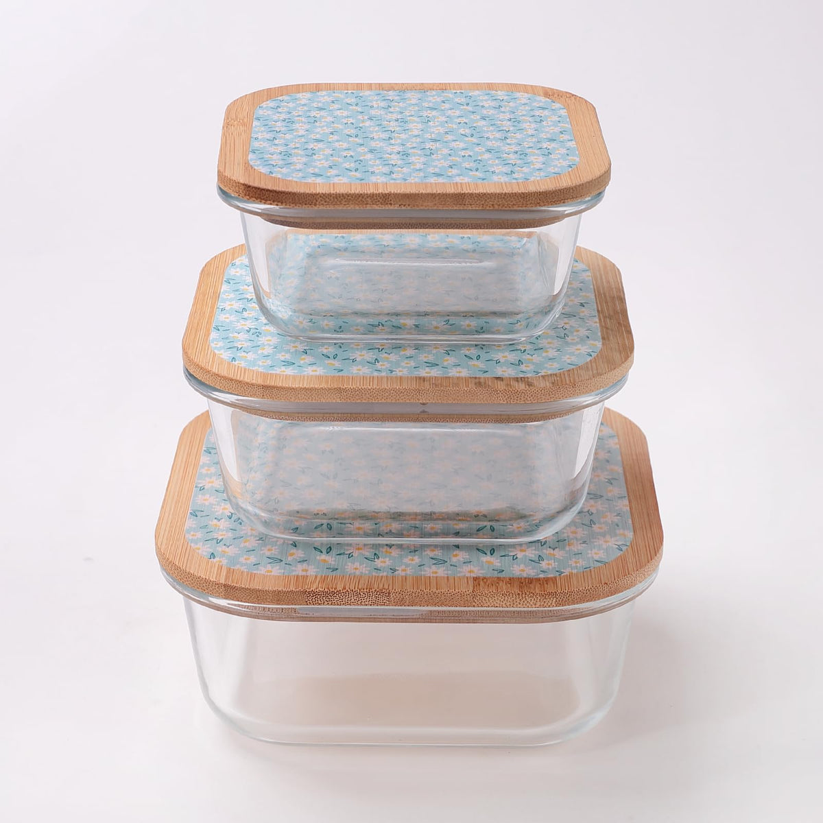 UMAI Pack of 3 Borosilicate Glass Kitchen Containers with Bamboo Lid | 310ml 510ml 800ml | Airtight Square Fridge Storage Boxes |kitchen organizer items and storage | Dandy Daisies Print