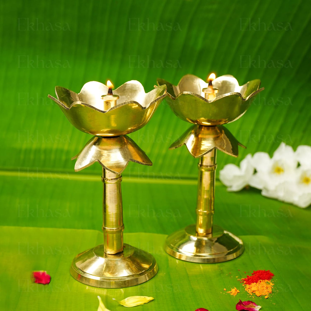 Ekhasa 100% Pure Brass Heavy Udupi Nanda Table Diya for Puja | Akhand Jyothi Deepam Kundulu for Pooja | Brass Vilakku Diyas for Pooja | Dipak Diva Deepas for Pooja | Tall Deep Pyali Stand (Set of 2)