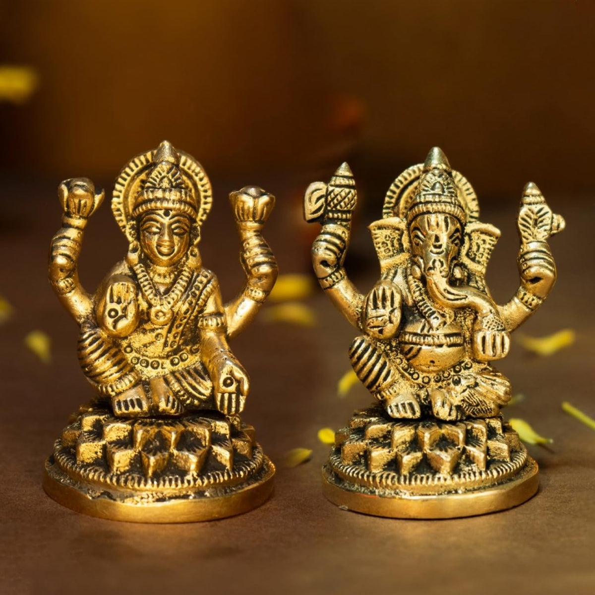 Ekhasa 100% Pure Brass Ganesh Lakshmi Idol | Pital Ganesha and Laxmi Murti for Pooja Room, Home Decor, Office Desk and Car Dashboard | Vinayagar Laxmi Statue for Diwali Puja (Combo Set)