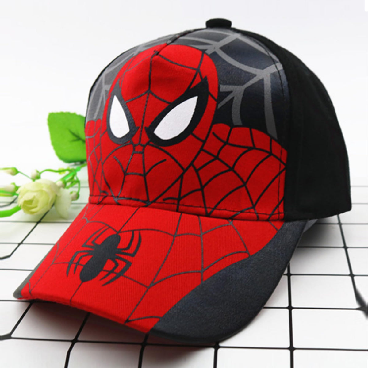 Homestic Spiderman Cap | Adjustable Cap for Boys and Girls | Cartoon Character Printed Little Cap for Kids | Cap for 7-12 Year Old Baby Girls and Boys | T8103-B | Black & Red